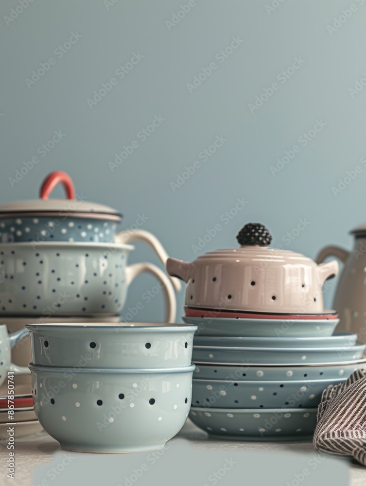 Poster a group of blue and white polka dot ceramic bowls are stacked on a countertop in front of a blue wal