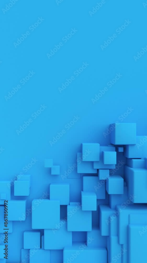 Poster blue cubes with random size move and grow loop. a place for text on the left. abstract 3d render geo