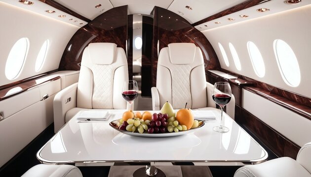 The inside of a private jet features luxurious design and glossy furnishings.