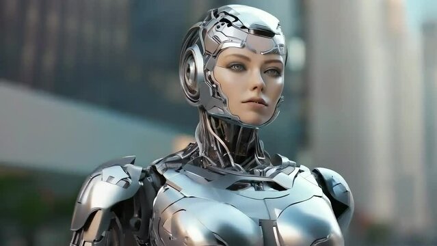 A beautiful and sad cyborg woman with a shiny metal body, longing for her lost humanity, showing off her beauty and technology.