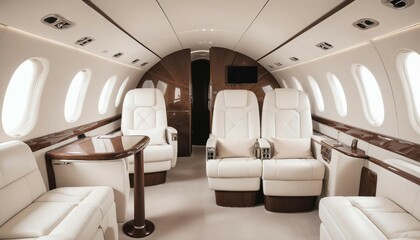 Fototapeta premium The inside of a private jet features luxurious design and glossy furnishings. 