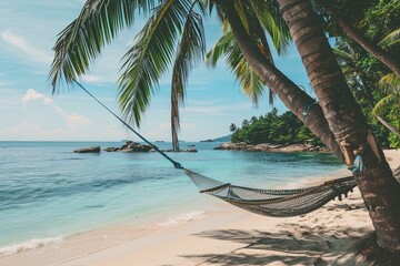 This image shows a hammock tied between two palm trees on a sandy beach with turquoise waters, rocky outcrops, and lush green foliage under a clear blue sky.