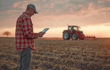 A farmer stands in a farm field with a tractor and other machinery, seeding the area, and is using a tablet.