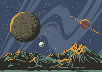 Planet Panorama, Planetary Surface, Craters, Deep Space Background, Celestial Bodies, Universe Illustration, Vector Template for Cosmic Posters, Covers © koyash07