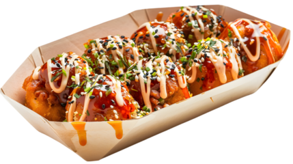  Spicy takoyaki topped with chili powder and drizzled with spicy mayo, presented in a paper boat, on a transparent background