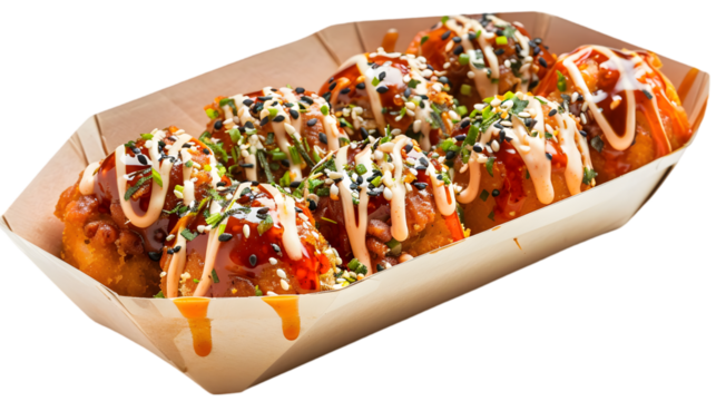  Spicy takoyaki topped with chili powder and drizzled with spicy mayo, presented in a paper boat, on a transparent background