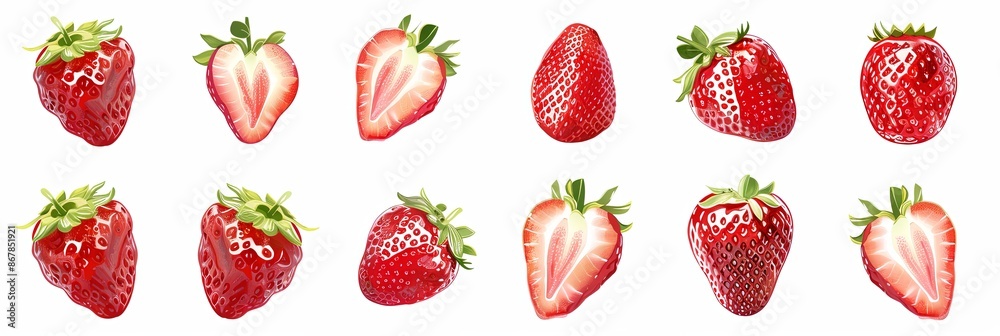 Poster a collection of twelve strawberries, some whole, some halved, are isolated on a white background. ge