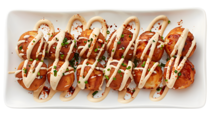 Spicy takoyaki with a sprinkling of chili flakes and drizzled with spicy mayo, arranged neatly on a transparent background plate