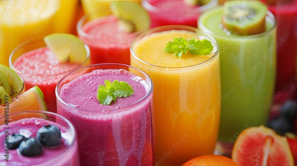 Poster close-up shot of various fruit smoothies in glasses on a countertop. the smoothies are vibrant color