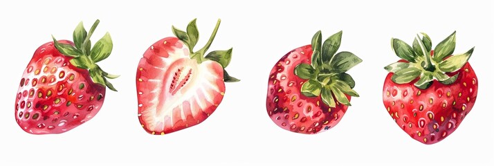 A watercolor painting of four red strawberries, two whole and two sliced in half, with green leaves. Generative AI