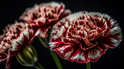 A close up of a red and white carnation flower with a black background. The flower is the main focus of the image, and it is the most vibrant and eye-catching element. The black background adds a sens