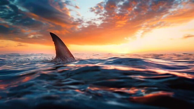 Shark fin cutting through ocean waves at sunset