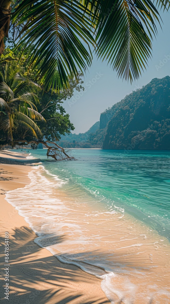 Wall mural A picturesque tropical beach featuring clear turquoise water, pristine white sand, palm trees, and distant cliffs, portraying a serene, sunny paradise.