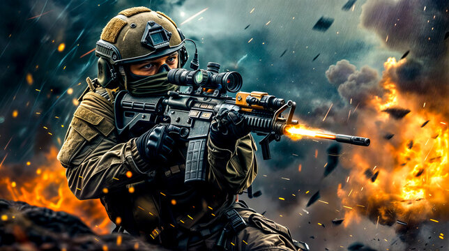 Painting of soldier with gun in his hand and lot of smoke in the background.