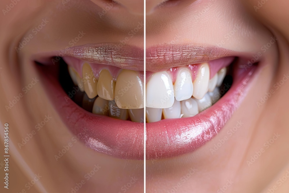 Poster close-up image showcasing a persons smile before and after teeth whitening, highlighting the dramati