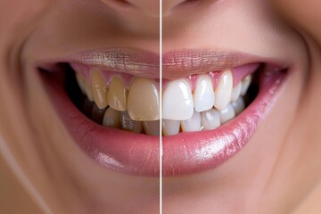 Close-up image showcasing a persons smile before and after teeth whitening, highlighting the dramatic change in tooth color. Generative AI