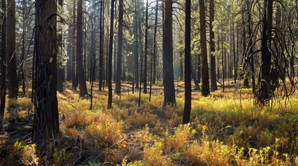 Obraz premium Forest Restoration After Wildfires Charred Trees and Vibrant Undergrowth