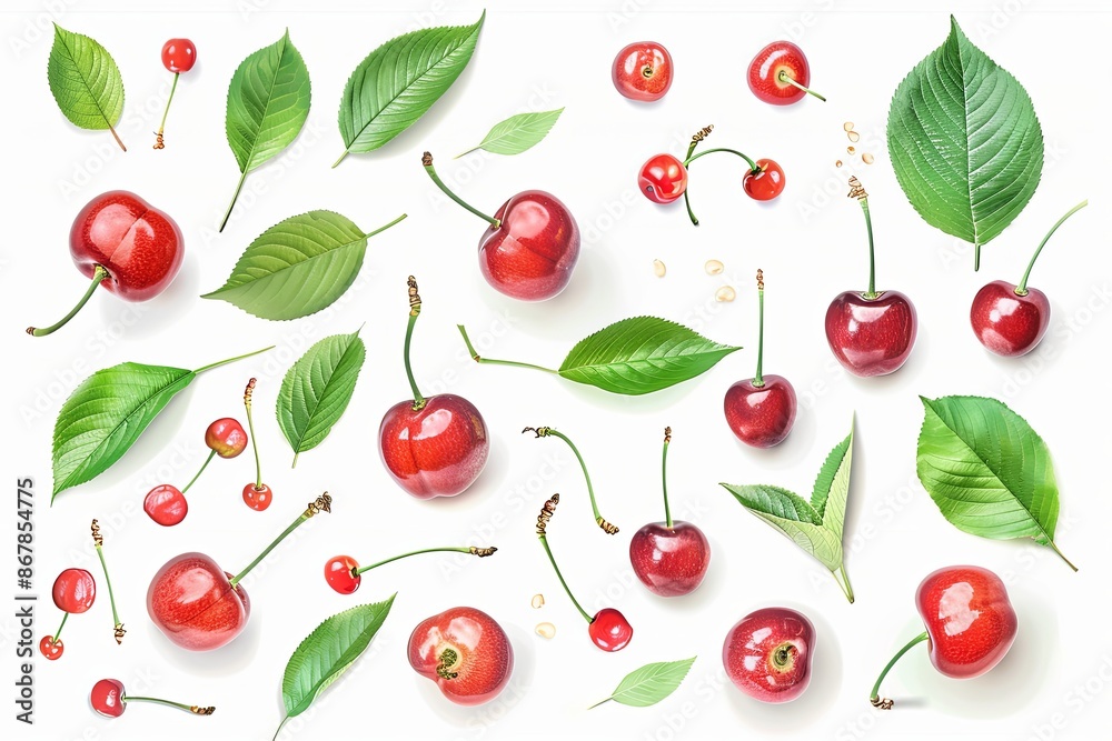 Poster a white background with fresh, red cherries and green leaves scattered across the surface. generativ