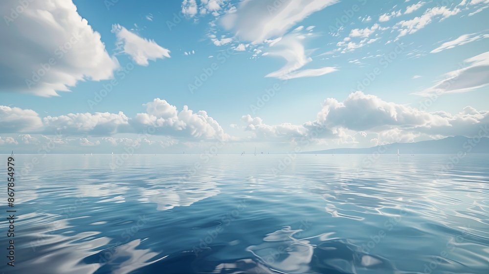 Poster a wide shot of a calm ocean surface with a clear blue sky and fluffy white clouds. generative ai