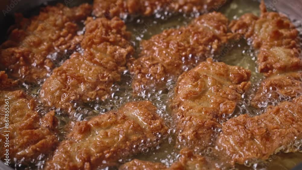 Poster crispy chicken wings are fried in hot oil. the process of making a tasty snack, close-up of the food