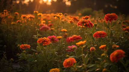 Obraz premium A field of orange zinnia flowers with the sun shining on them. The flowers are in full bloom and the sun is casting a warm glow on the scene