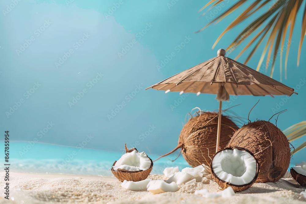 Canvas Prints Paradise beach scene with fresh coconuts, soft white sand, and a paper umbrella, set against a vivid blue sky and tropical palm fronds, evoking a sense of relaxation.