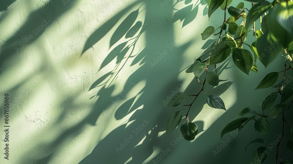 Wall mural A serene image featuring a textured green wall, adorned with leaves and branches casting detailed shadows from natural sunlight pouring from the side.