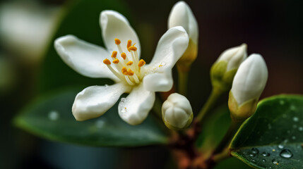 Fototapeta premium A close up of a white flower with a yellow center. The flower is surrounded by green leaves