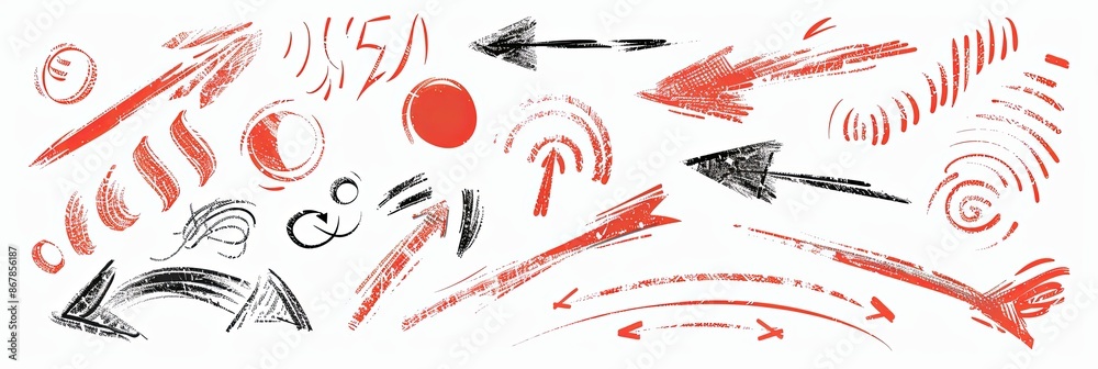 Aufkleber a collection of hand-drawn red and black arrows and shapes on a white background. generative ai