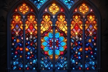 Fototapeta premium Stained glass window with intricate designs and bright colors
