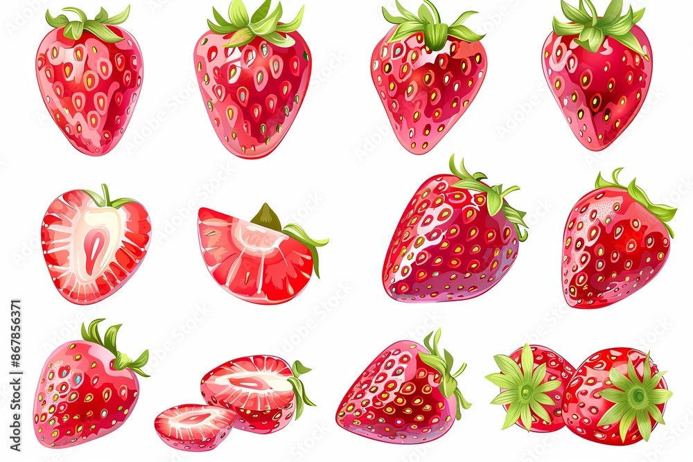 Poster a digital illustration of red, ripe strawberries. some are whole, while others are sliced in half or