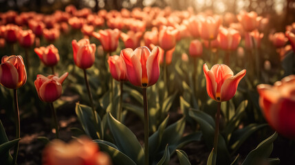 A field of orange and yellow tulips with a bright sun shining on them. The flowers are in full bloom and are arranged in a way that creates a sense of depth and perspective. The scene is peaceful