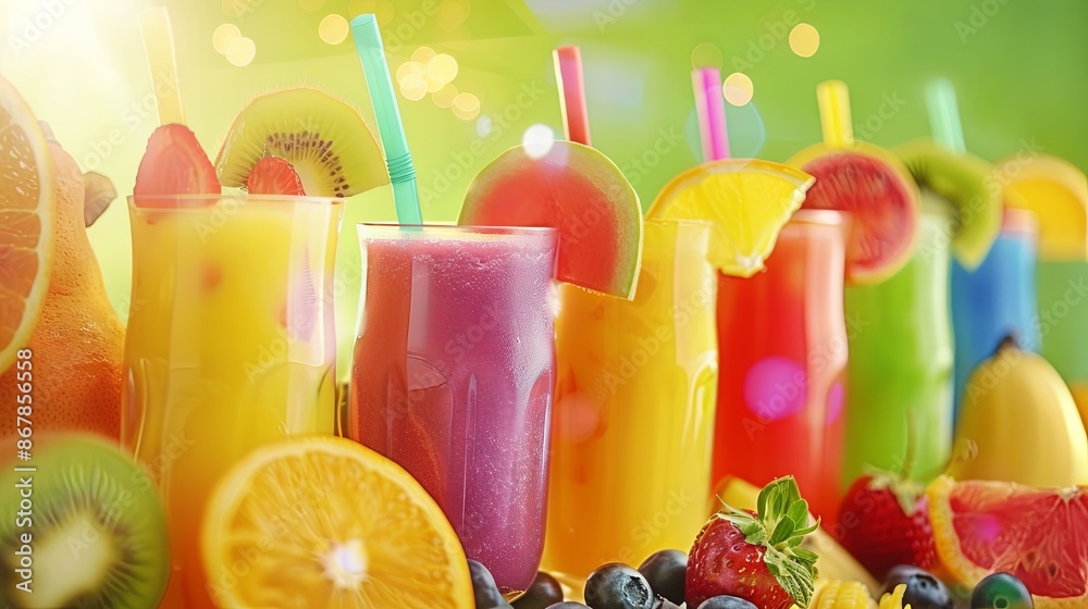 Poster an assortment of colorful fruit smoothies with straws and garnishes. generative ai