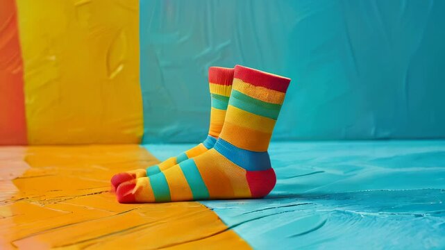 Colorful striped socks against vibrant, painted background