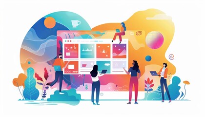 A vibrant digital illustration showcasing diverse characters collaborating on a shared digital workspace with various abstract backgrounds, emphasizing teamwork and creativity.