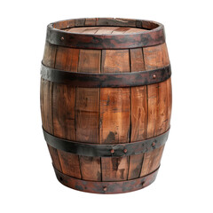 Fototapeta premium Rustic wooden barrel with metal bands, perfect for vintage decor or storage. Ideal for brewery, winery, or farmhouse settings.