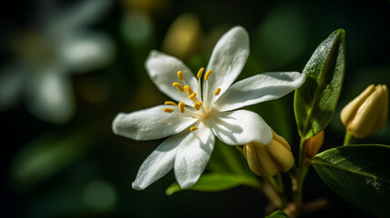 Fototapeta premium A close up of a white flower with droplets of water on it. Concept of serenity and calmness, as the droplets of water on the flower create a peaceful atmosphere