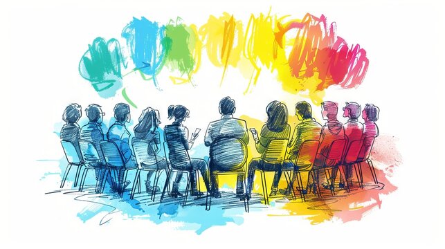 A group of diverse people sitting in a circle, each with a different colored thought bubble.