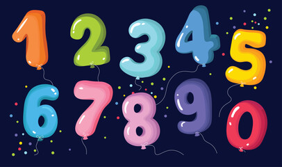 Colorful cartoon number balloons for kids from zero to nine. Vector illustration.