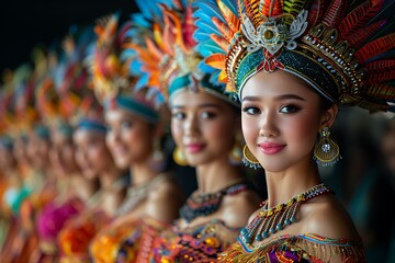 A vibrant cultural performance showcasing colorful batik costumes and intricate headdresses