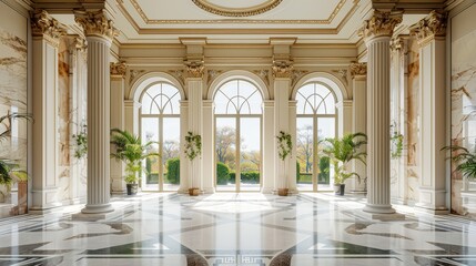 Naklejka premium A grand marble entrance hall with high ceilings and decorative pillars