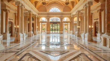 Obraz premium A grand marble entrance hall with high ceilings and decorative pillars