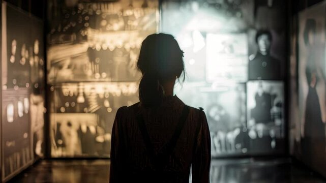 Young woman in exhibit hall, viewing historical photographs