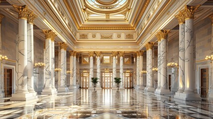 Fototapeta premium A grand marble entrance hall with high ceilings and decorative pillars