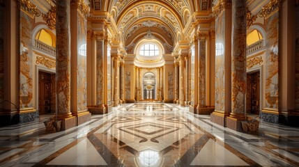Fototapeta premium A grand marble entrance hall with high ceilings and decorative pillars