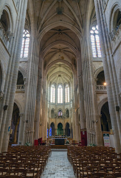 Senlis, France - June 28 2024: Interior of the Cathedral Notre-Dame of Senlis - Oise, Picardy, France. It is is a Roman Catholic church and former cathedral.
