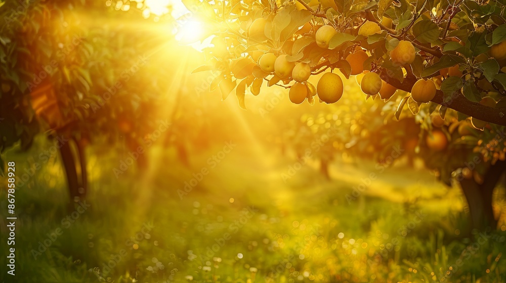 Poster A close-up of ripe golden apples hanging from a tree branch in a beautiful orchard as the sun sets behind them. Generative AI