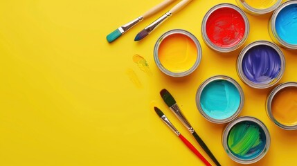 Arrangement of paint cans in rainbow order with paint brushes on yellow background top down view