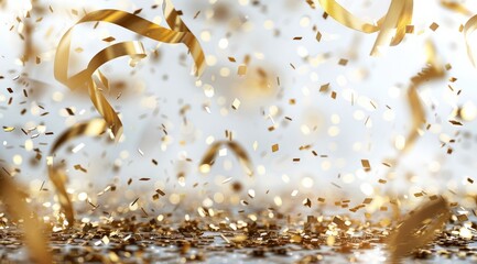 Golden Confetti and Ribbons Falling on White Background