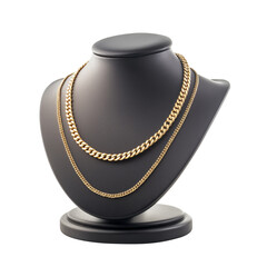 Gold necklace on black display stand isolated background